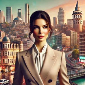 Modern bir kadın, İstanbul'un Avrupa Yakası'nı yansıtan bir şehir manzarasında; arka planda tarihi binalar ve gökdelenler.